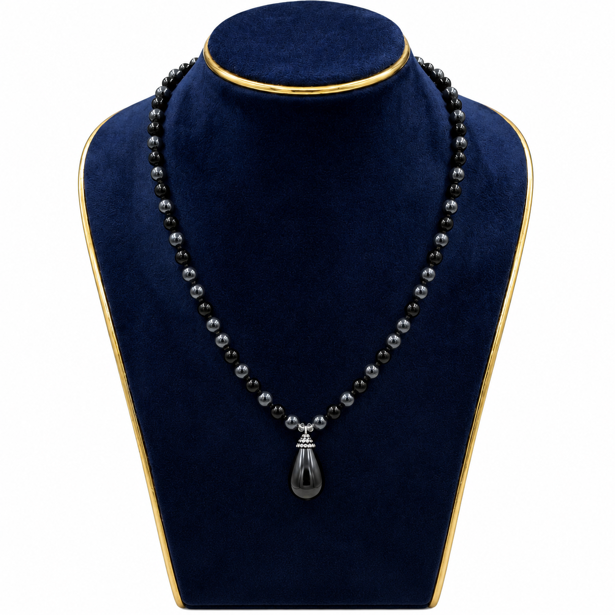 Black Onyx Beaded Necklace with Teardrop Pendant