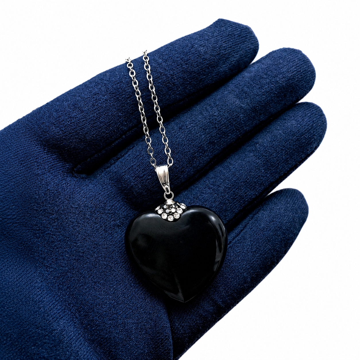 Black Glossy Heart Pendant Necklace with Crystal Crown